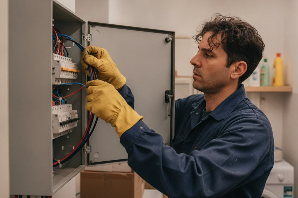 Elettricista al lavoro su quadro elettrico a Catania